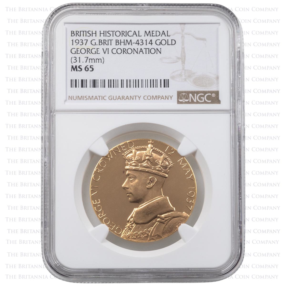 1937 King George VI Gold Coronation Medal Percy Metcalfe NGC Graded MS 65 Obverse
