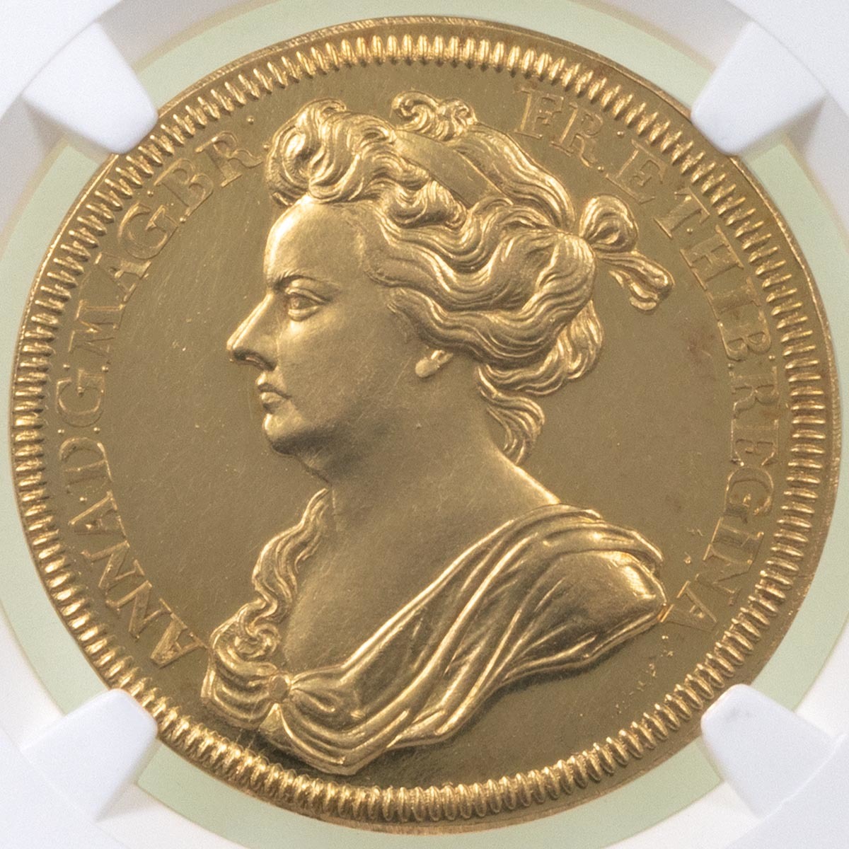 1702 Queen Anne Coronation Gold Medal John Croker NGC Graded MS 62 Obverse