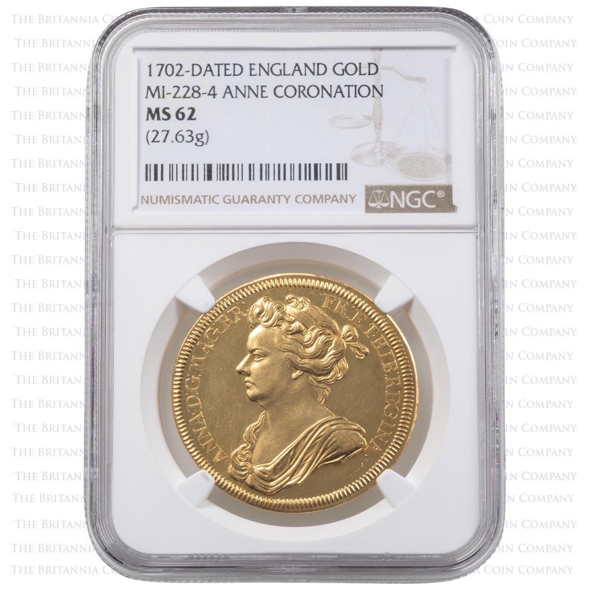 1702 Queen Anne Coronation Gold Medal John Croker NGC Graded MS 62 Holder