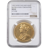 1702 Queen Anne Coronation Gold Medal John Croker NGC Graded MS 62 Thumbnail