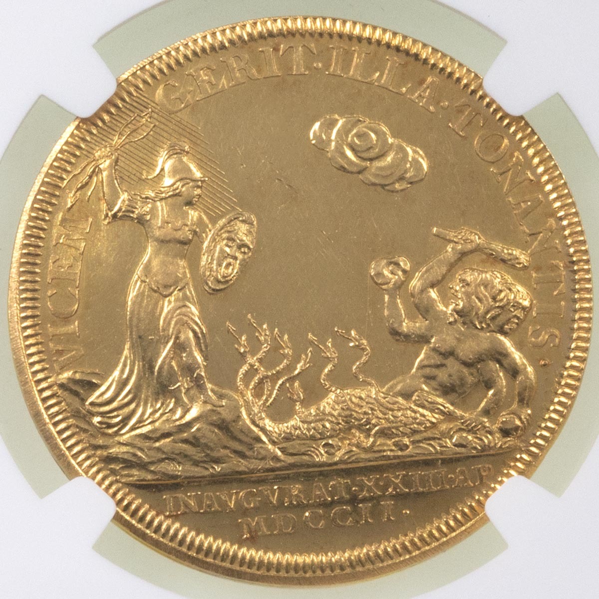 1702 Queen Anne Coronation Gold Medal John Croker NGC Graded MS 62 Reverse