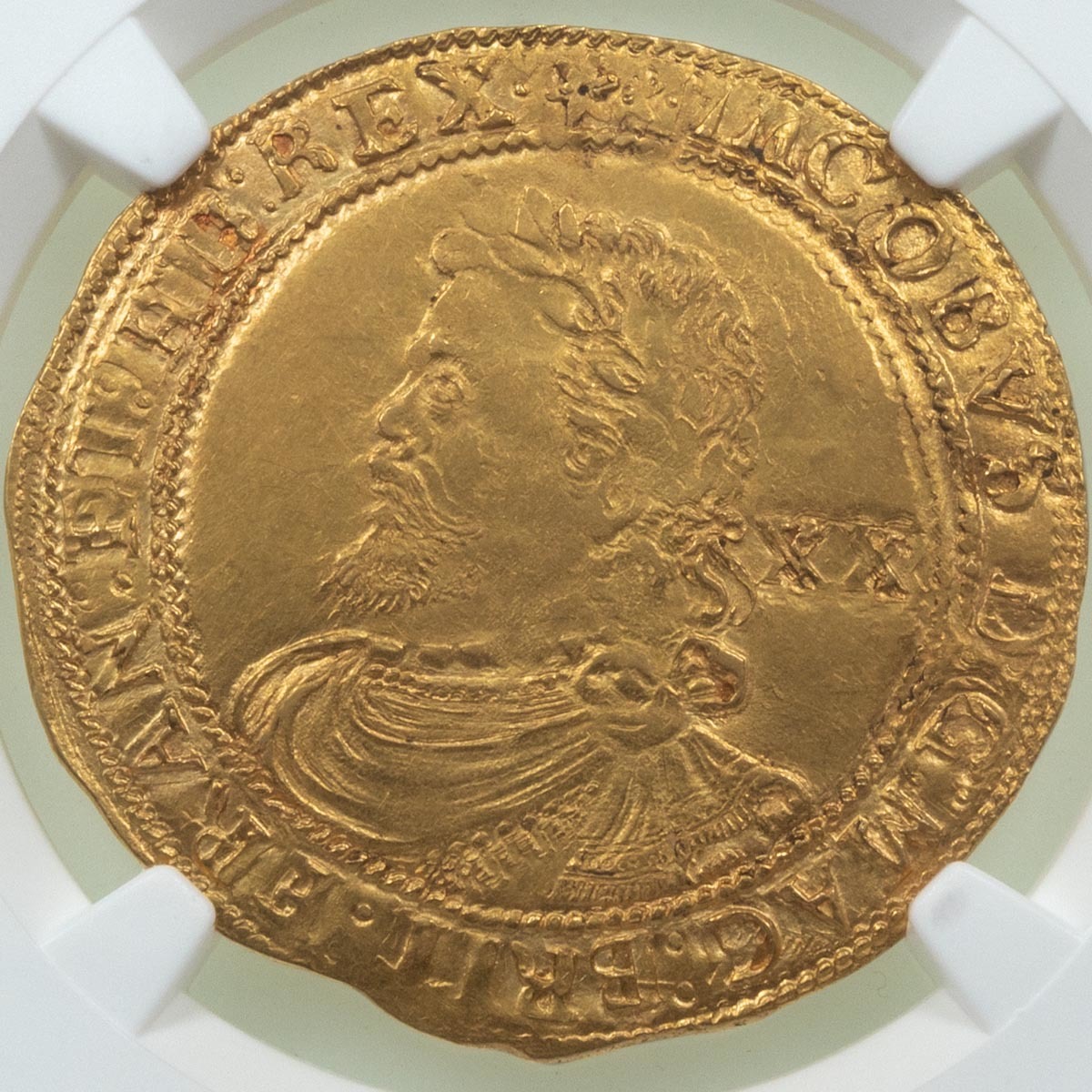 1619-1620 King James I Hammered Gold Laurel Coin NGC Graded MS 62 Obverse