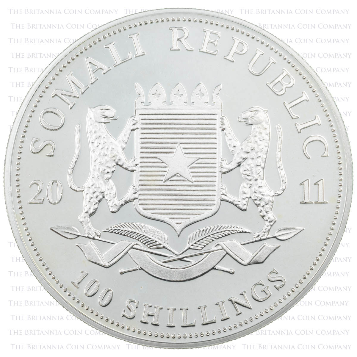 Obverse showing coat of arms on the SM11ES1 2011 Elephant One Ounce Silver African Wildlife Somalian Bullion Coin