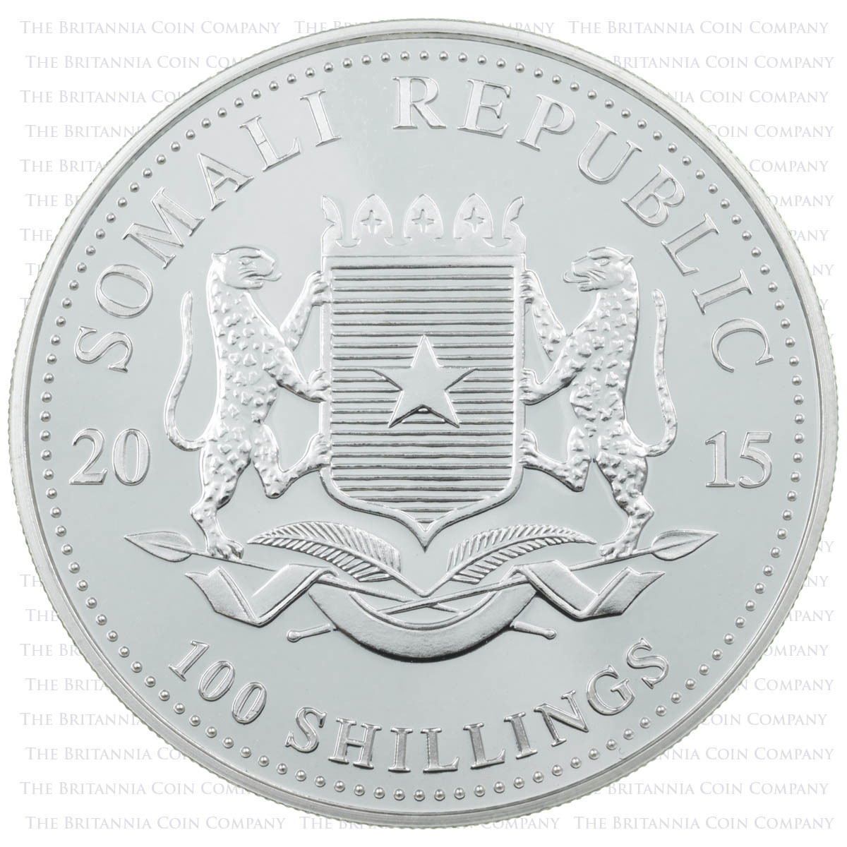 Coat of Arms obverse on SM15ES1 2015 Elephant One Ounce Silver African Wildlife Somalian Bullion Coin