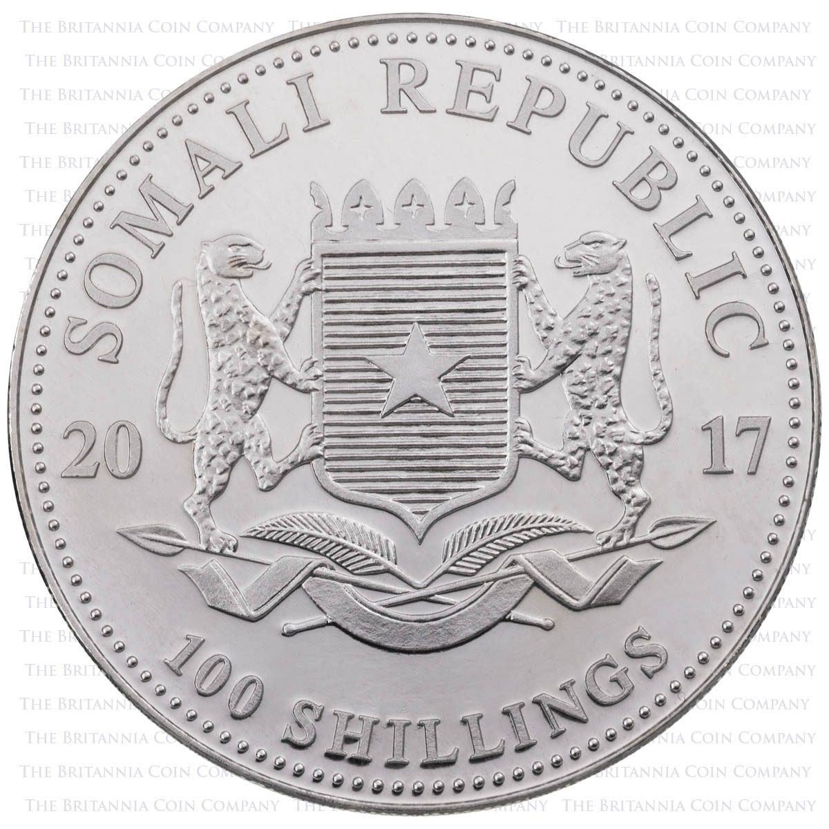 Obverse of the SM17ES1 2017 Elephant One Ounce Silver African Wildlife Somalian Bullion Coin