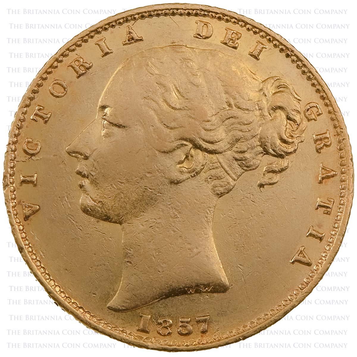1857 Queen Victoria Gold Full Sovereign London Mint Young Head Shield Back Coin Obverse