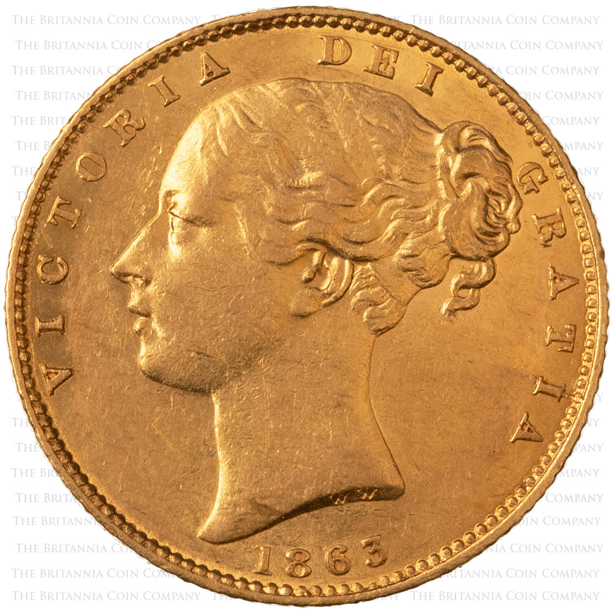 1863 Queen Victoria Gold Full Sovereign London Mint Young Head Shield Back Coin With Die Number Obverse