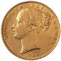 1863 Queen Victoria Gold Full Sovereign London Mint Young Head Shield Back Coin With Die Number Thumbnail