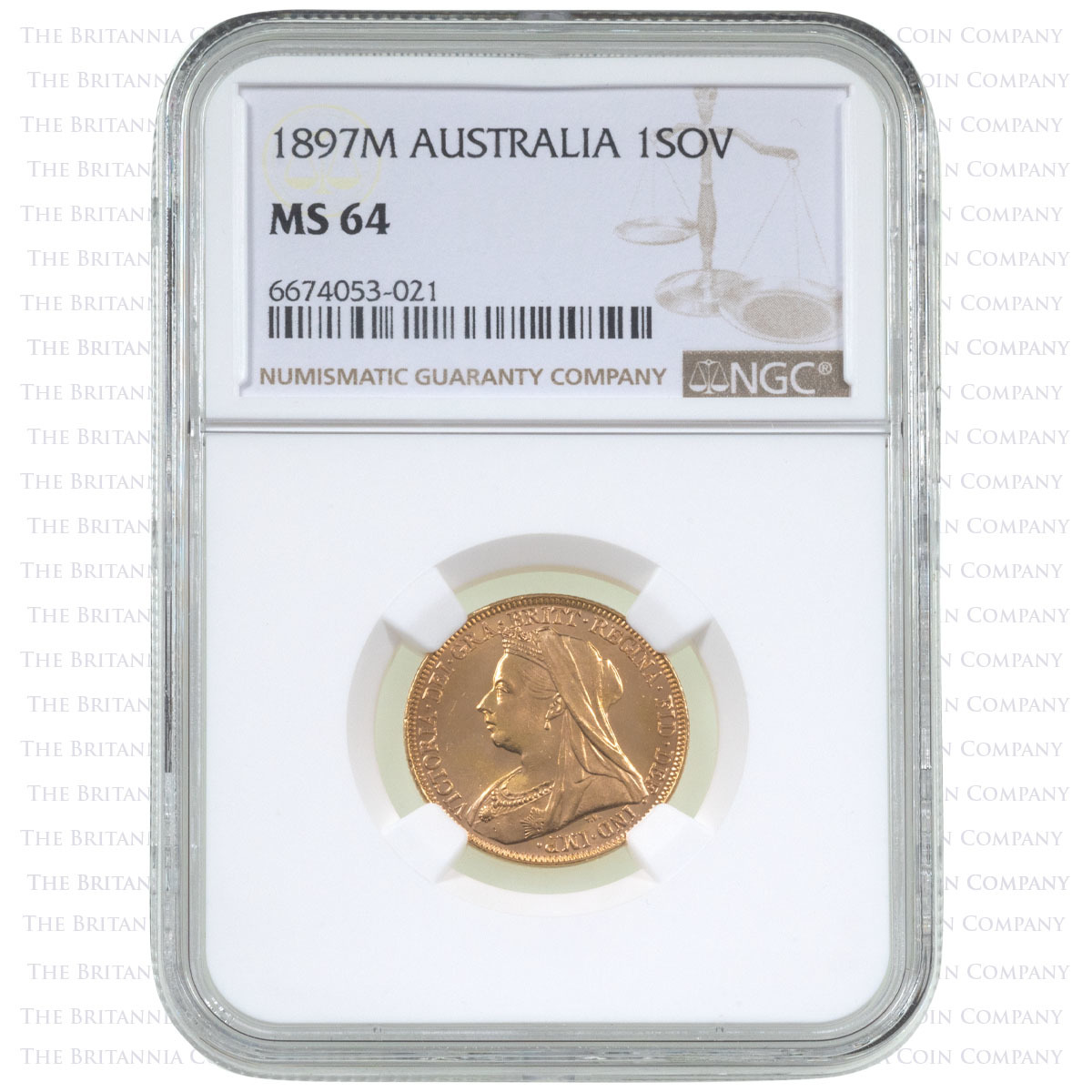 1897 Queen Victoria Gold Full Sovereign Melbourne Australia Mint Widowed Head NGC Graded MS 64 Holder