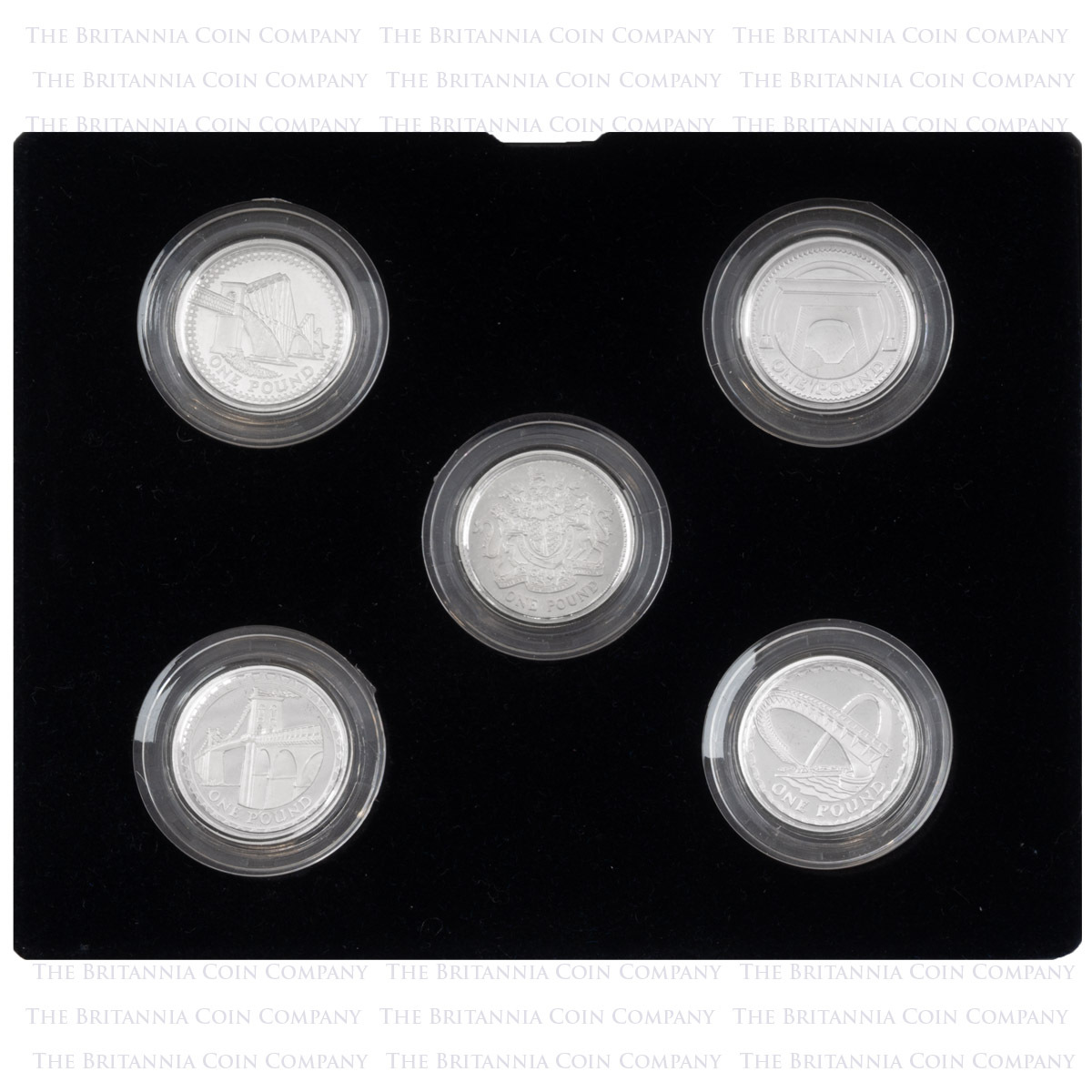 Presentation of the 2003-2007 Bridges One Pound Silver Proof Coin Set obverse