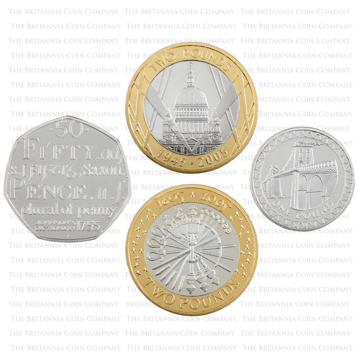 2005 Annual Piedfort Silver Proof UK Coin Set Reverses