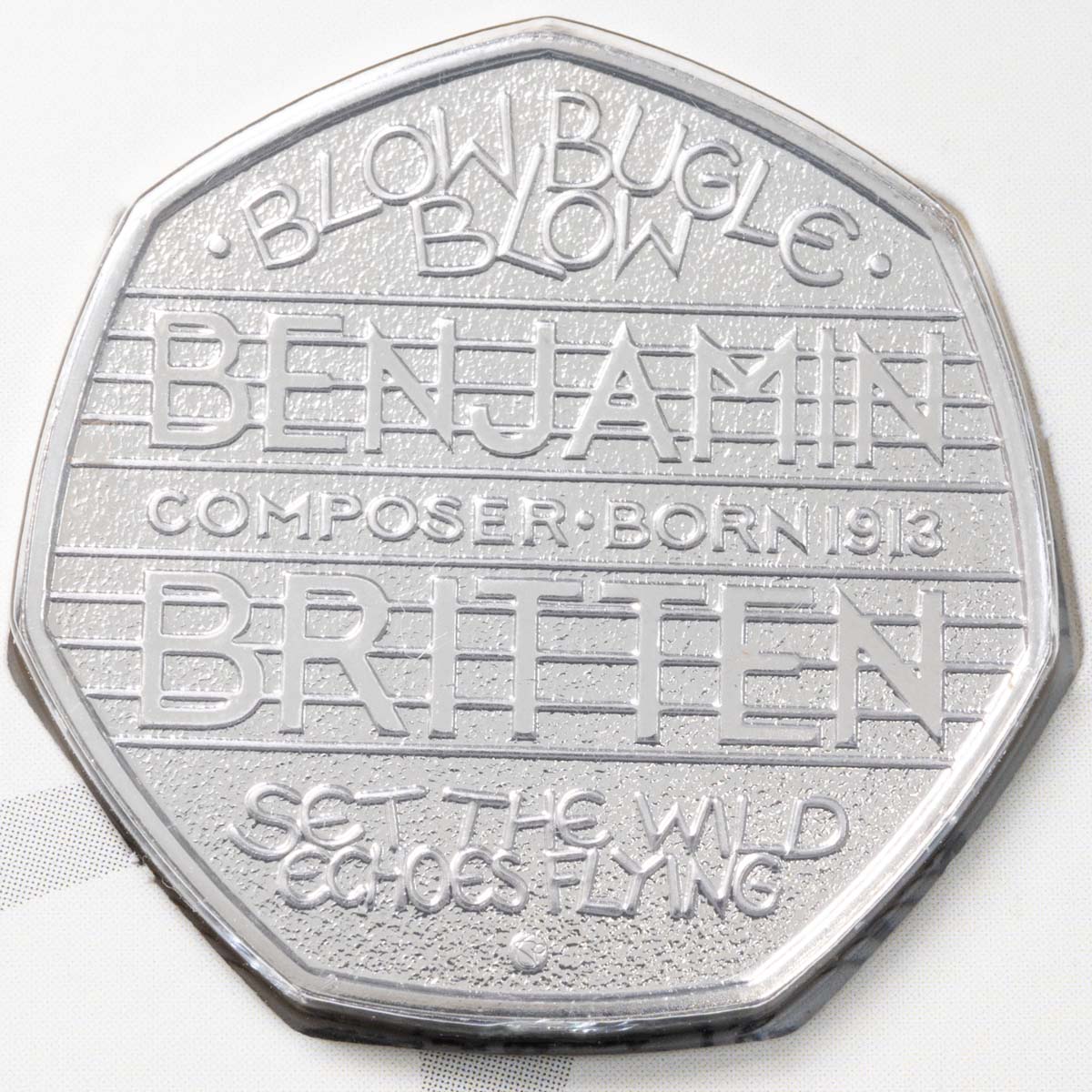 UK13BBBU 2013 Benjamin Britten Fifty Pence Brilliant Uncirculated Coin In Folder Reverse