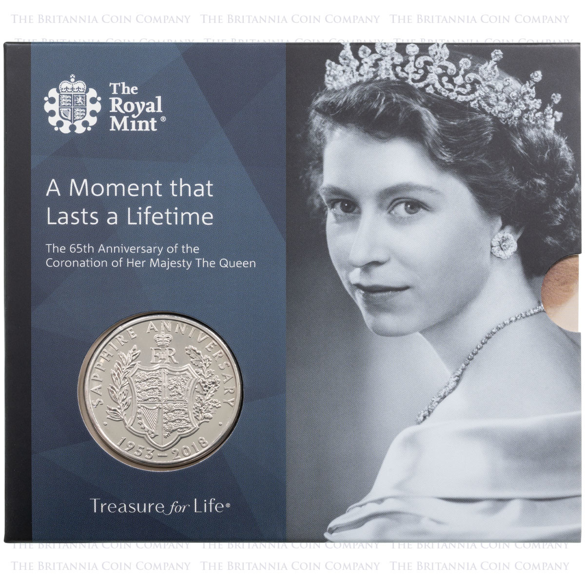 UK18SCBU 2018 Queen Elizabeth II Coronation 65th Sapphire Anniversary Five Pound Crown Brilliant Uncirculated Coin In Folder