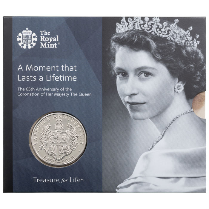 UK18SCBU 2018 Queen Elizabeth II Coronation 65th Sapphire Anniversary Five Pound Crown Brilliant Uncirculated Coin In Folder Thumbnail