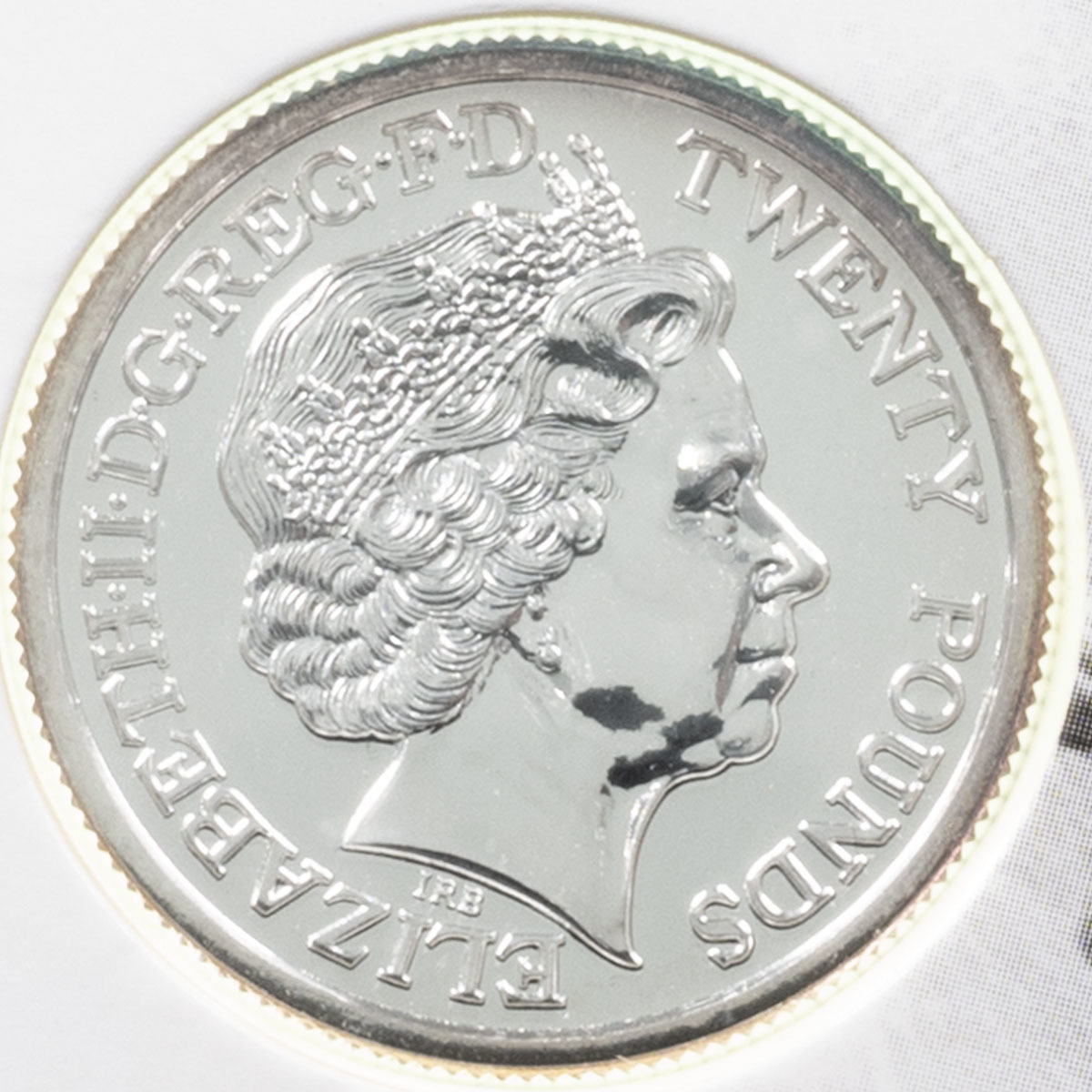 UK13FVS 2013 Saint George And The Dragon Sovereign Benedetto Pistrucci Twenty Pound Silver Brilliant Uncirculated Coin In Folder Obverse