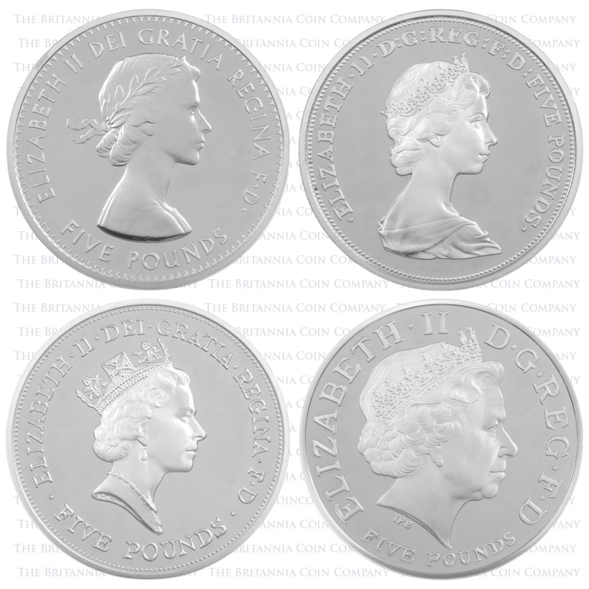 2013 Queen's Portrait Collection Five Pound Silver Proof Coin Set Obverses