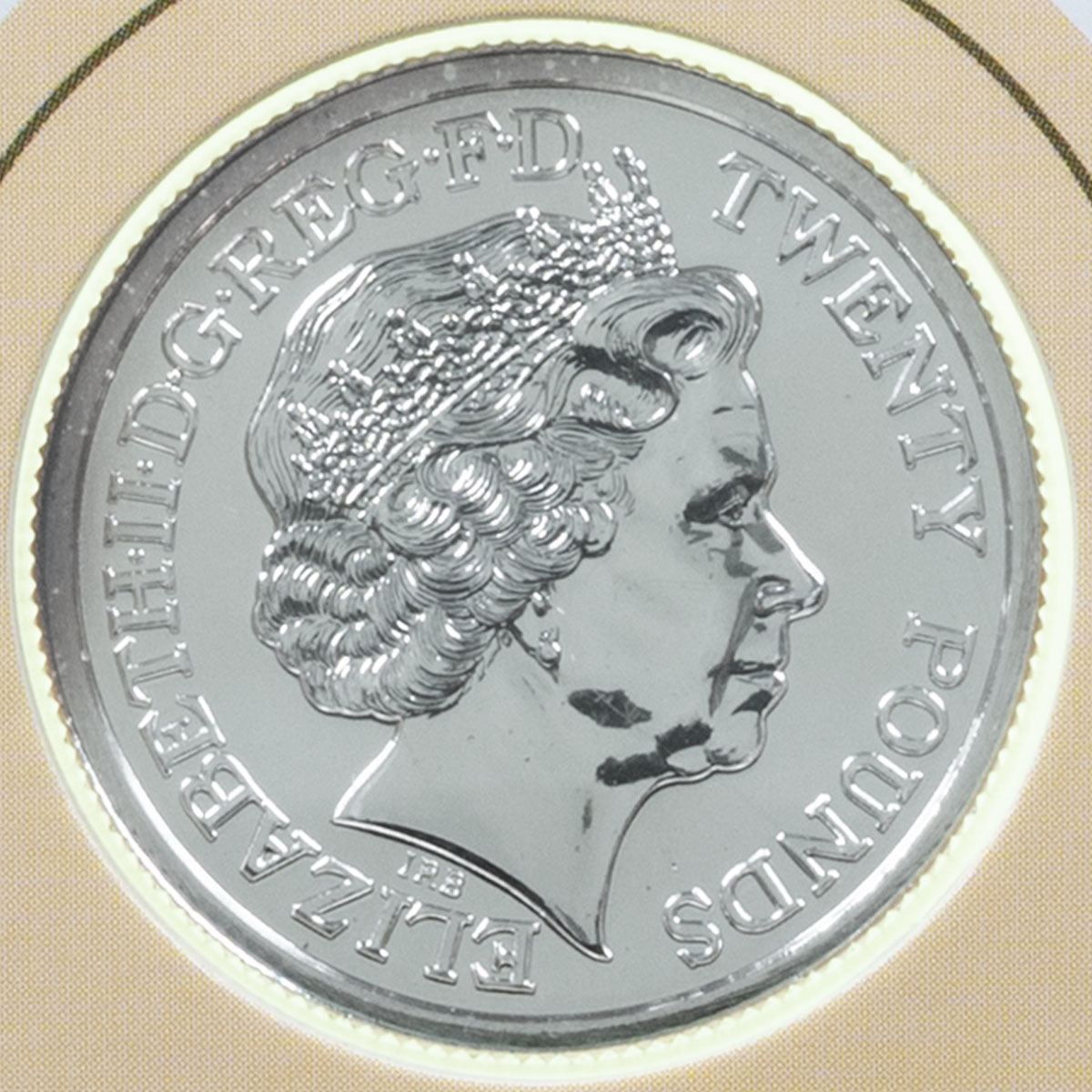 UK1420FW 2014 First World War Outbreak Twenty Pound Silver Brilliant Uncirculated Coin In Folder Obverse