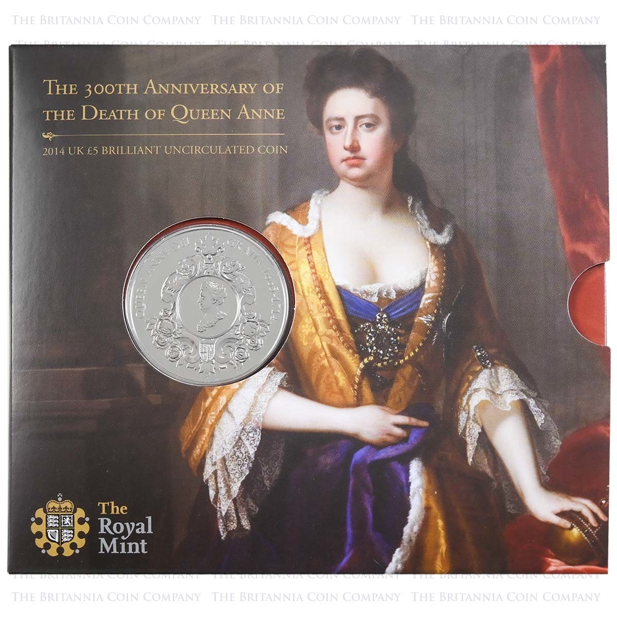 UK14QABU 2014 Death Of Queen Anne Five Pound Crown Brilliant Uncirculated Coin In Folder