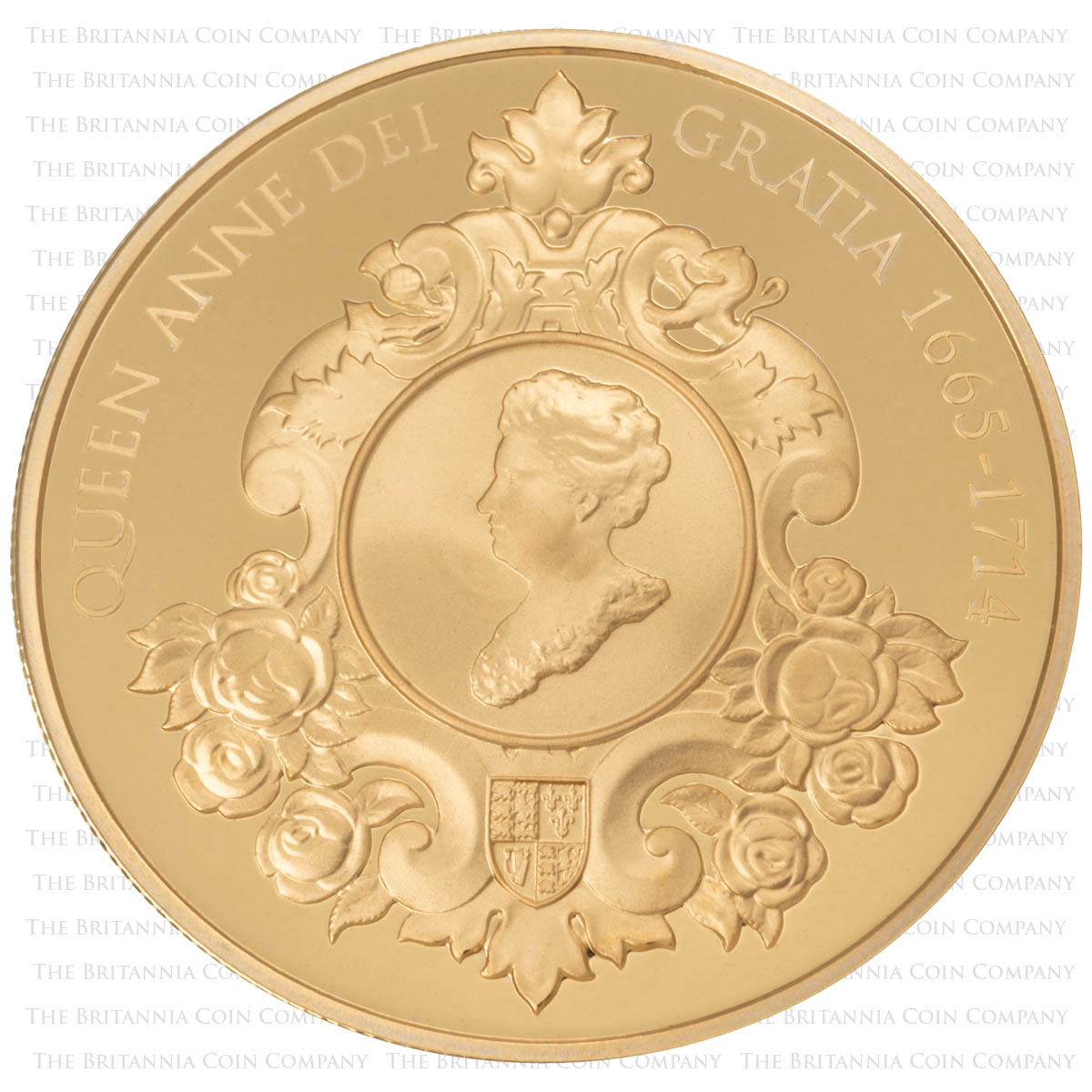 Baroque reverse of UK14QAPL 2014 Queen Anne Five Pound Gold Plated Silver Proof Coin