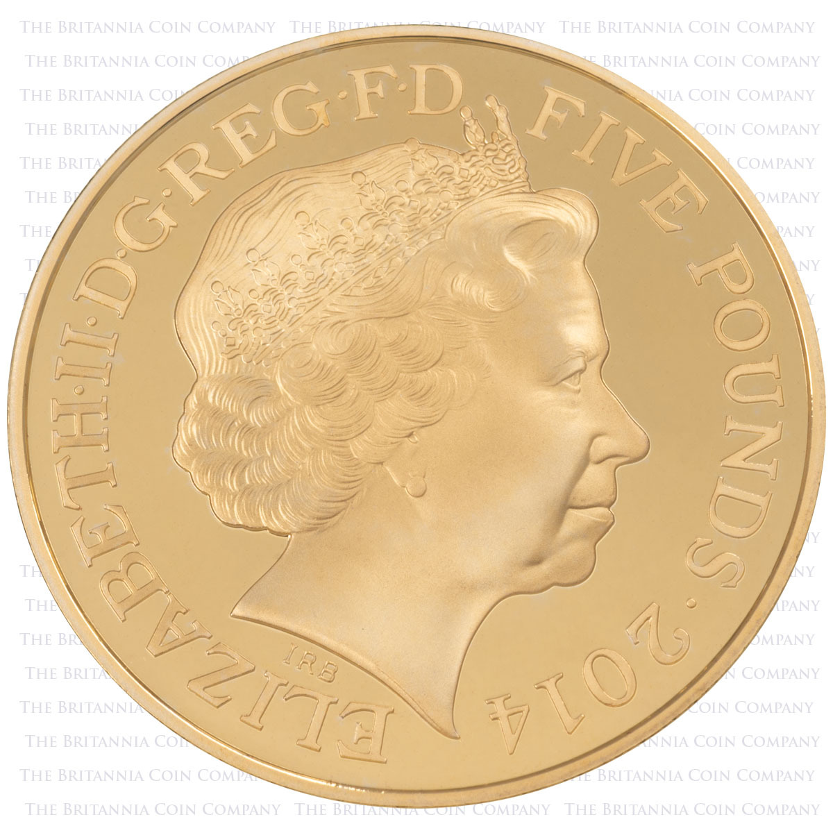 UK14QAPL 2014 Queen Anne Five Pound Gold Plated Silver Proof Coin Elizabeth II effigy