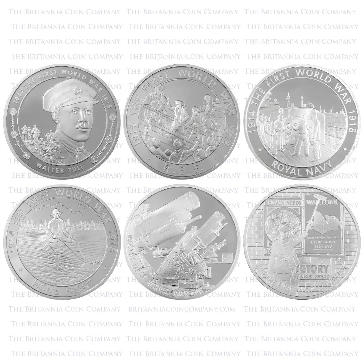 UK14W1SS 2014 First World War Five Pound Silver Proof Coin Set Reverses