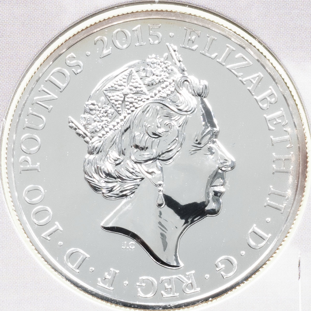 UK15100P 2015 Buckingham Palace One Hundred Pound Silver Brilliant Uncirculated Coin In Folder Obverse