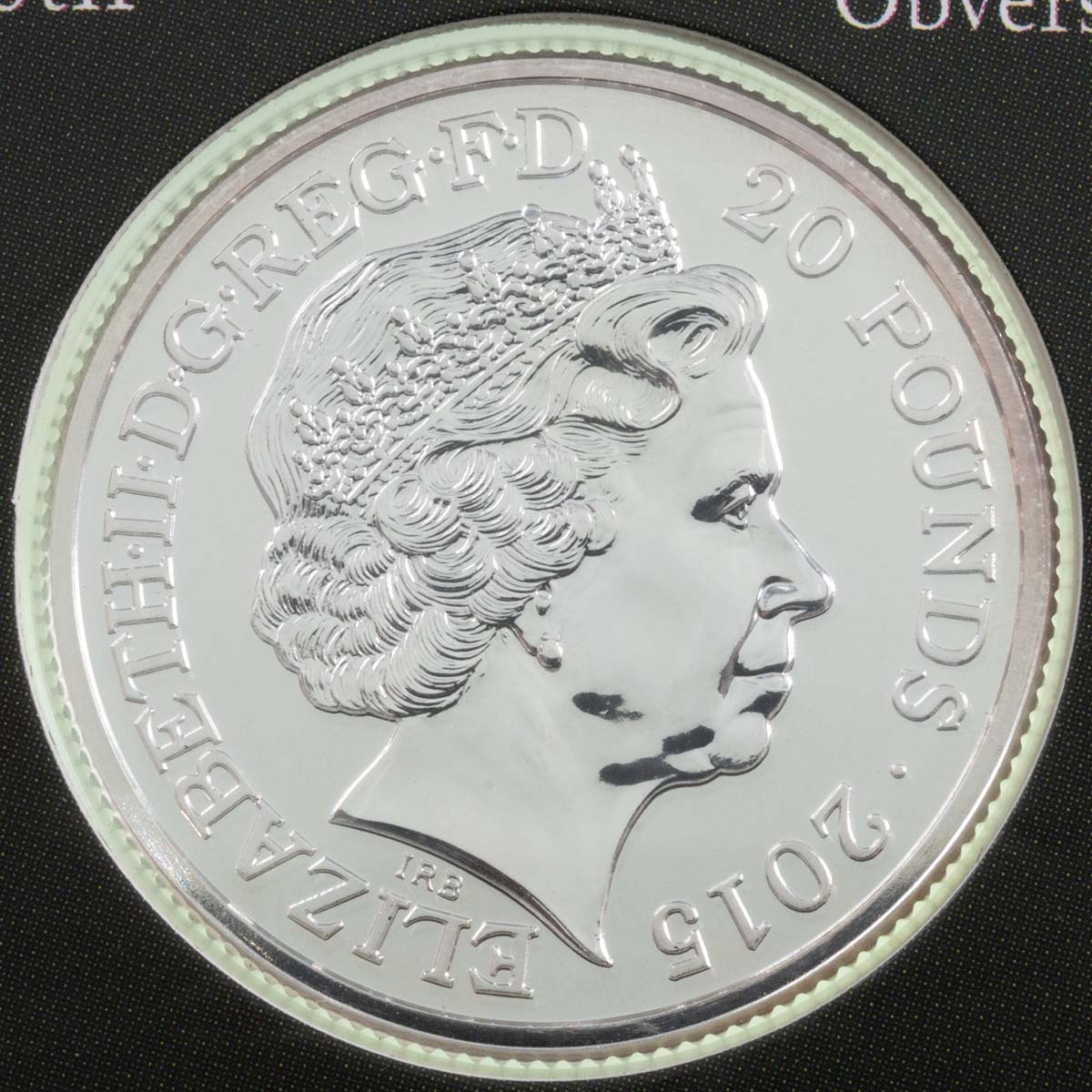 Uk1520CH 2015 Sir Winston Churchill Twenty Pound Brilliant Uncirculated Silver Coin In Folder Obverse