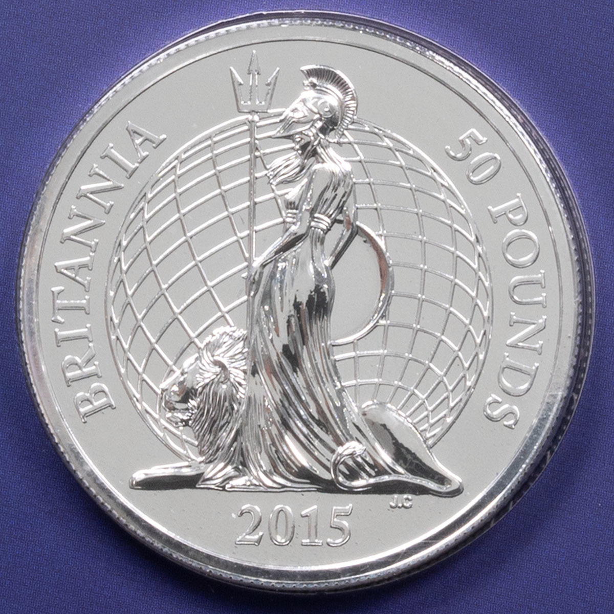 UK15BR50 2015 Britannia Fifty Pound Silver Brilliant Uncirculated Coin In Folder Reverse