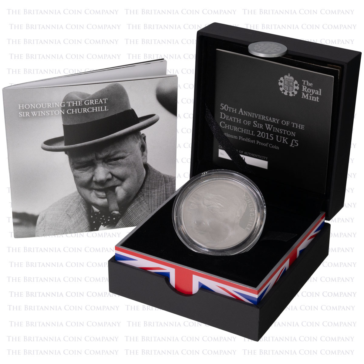 UK15WCPL 2015 Sir Winston Churchill Death 50th Anniversary Five Pound Crown Piedfort Platinum Proof Coin Boxed