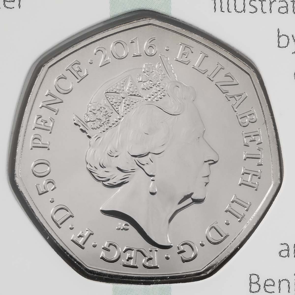 UK16BPBU 2016 Beatrix Potter 150th Anniversary Fifty Pence Brilliant Uncirculated Coin In Folder Obverse