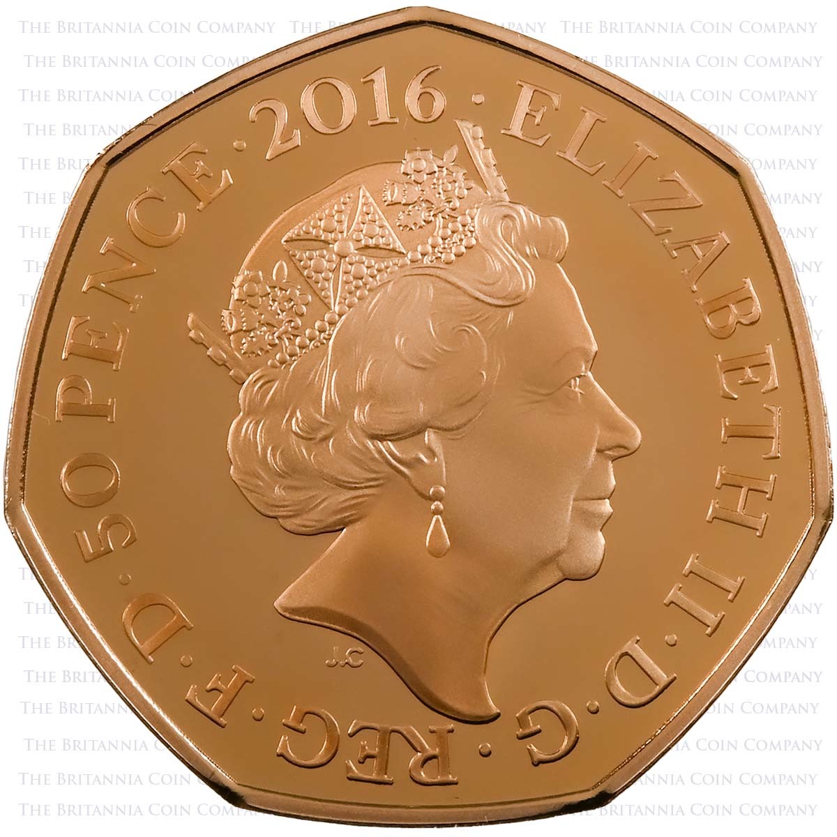 UK16BPGP 2016 Beatrix Potter 150th Anniversary Fifty Pence Gold Proof Coin Obverse