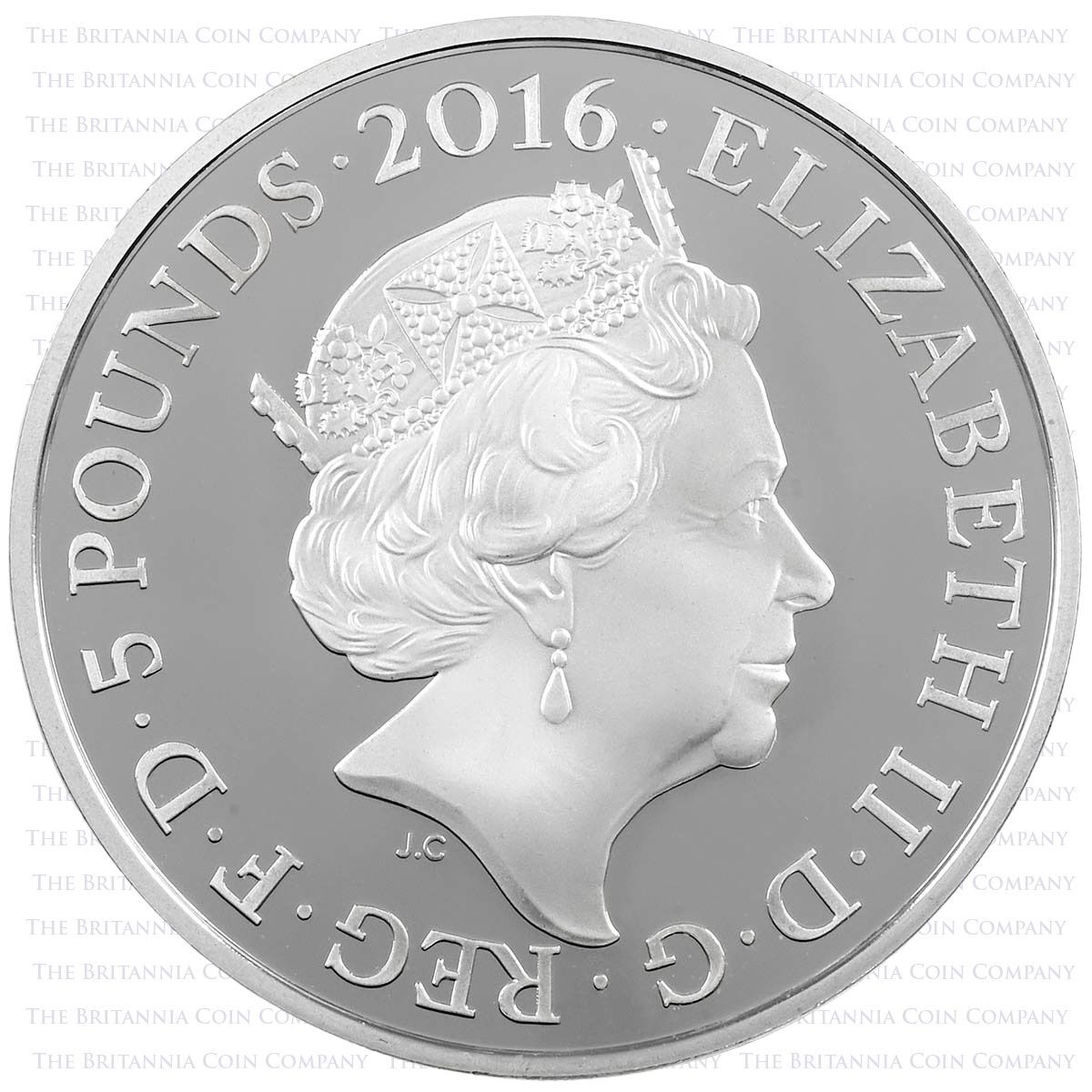 Obverse of UK16DRSP 2016 HMS Dreadnaught Five Pound Silver Proof First World War Coin