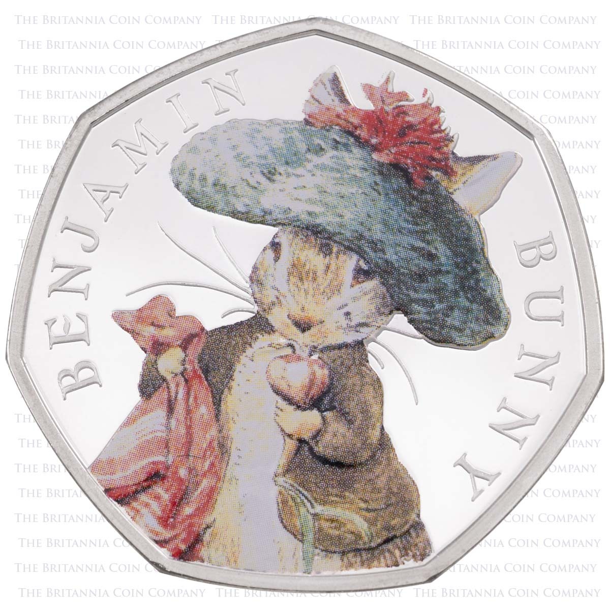Sweet reverse of the UK17BBGS 2017 Benjamin Bunny Fifty Pence Coloured Silver Proof Coin And Book Beatrix Potter Set coin