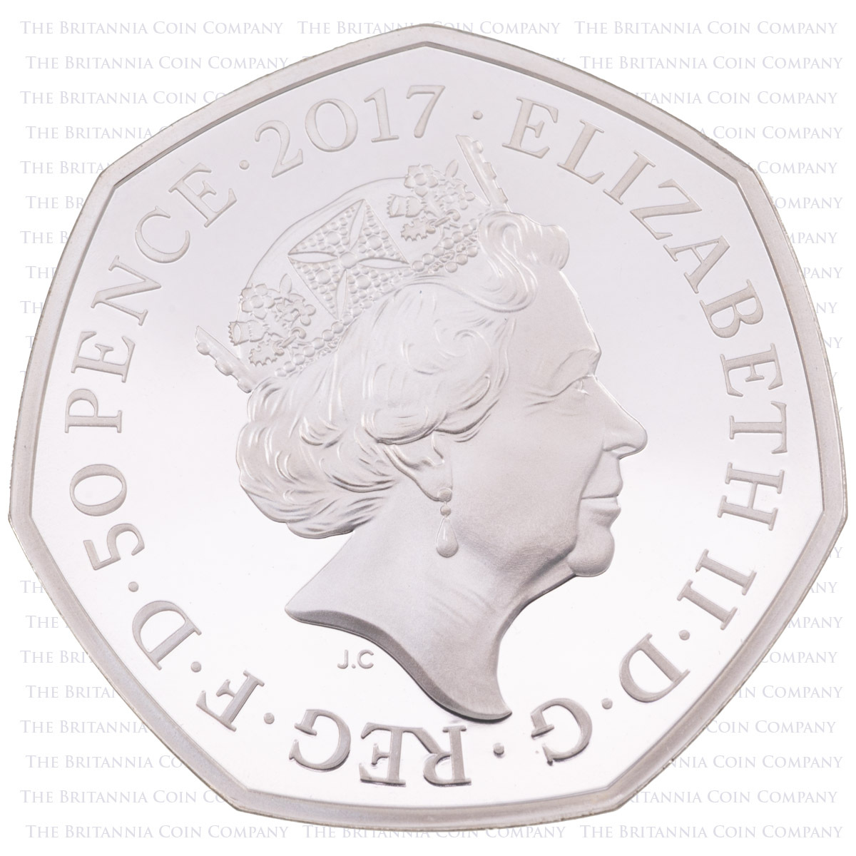 UK17BBGS 2017 Benjamin Bunny Fifty Pence Coloured Silver Proof Coin And Book Beatrix Potter Set obverse of the coin