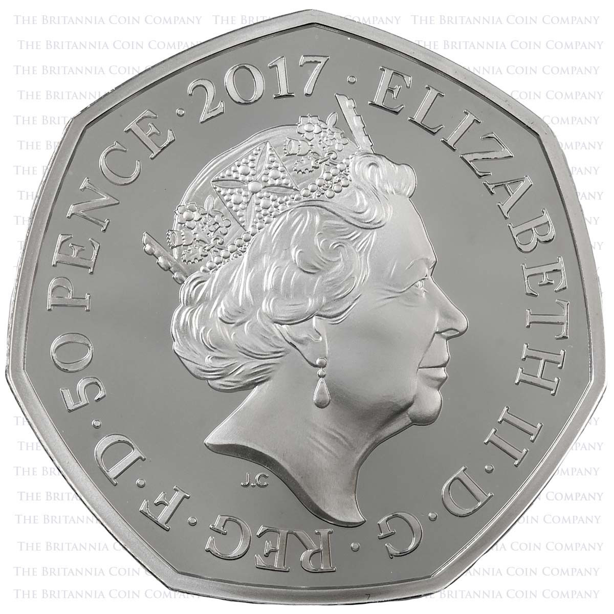 UK17BBSP 2017 Beatrix Potter Benjamin Bunny Fifty Pence Colour Printed Silver Proof Coin Obverse