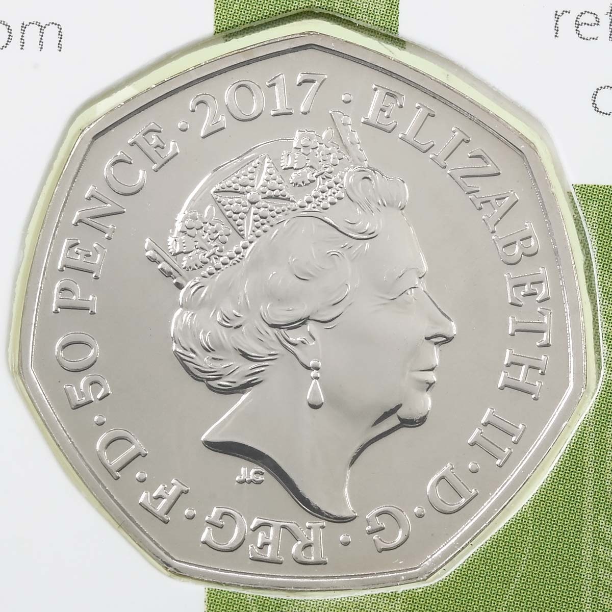 UK17JFBU 2017 Beatrix Potter Jeremy Fisher 50p Brilliant Uncirculated Coin In Folder Obverse