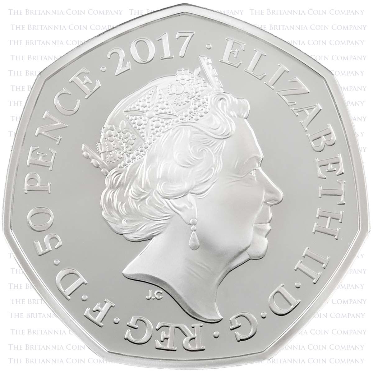UK17JFSP 2017 Beatrix Potter Mr Jeremy Fisher Fifty Pence Colour Printed Silver Proof Coin Obverse