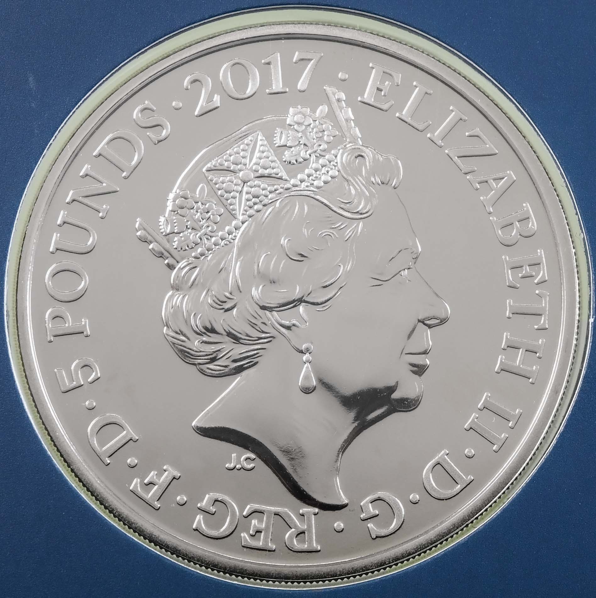 UK17PPBU 2017 Prince Philip Duke Of Edinburgh Life Of Service Five Pound Crown Brilliant Uncirculated Coin In Folder Obverse