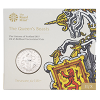 UK17QUBU 2017 Unicorn Of Scotland Five Pound Brilliant Uncirculated Queen's Beasts Mint Pack Coin thumbnail