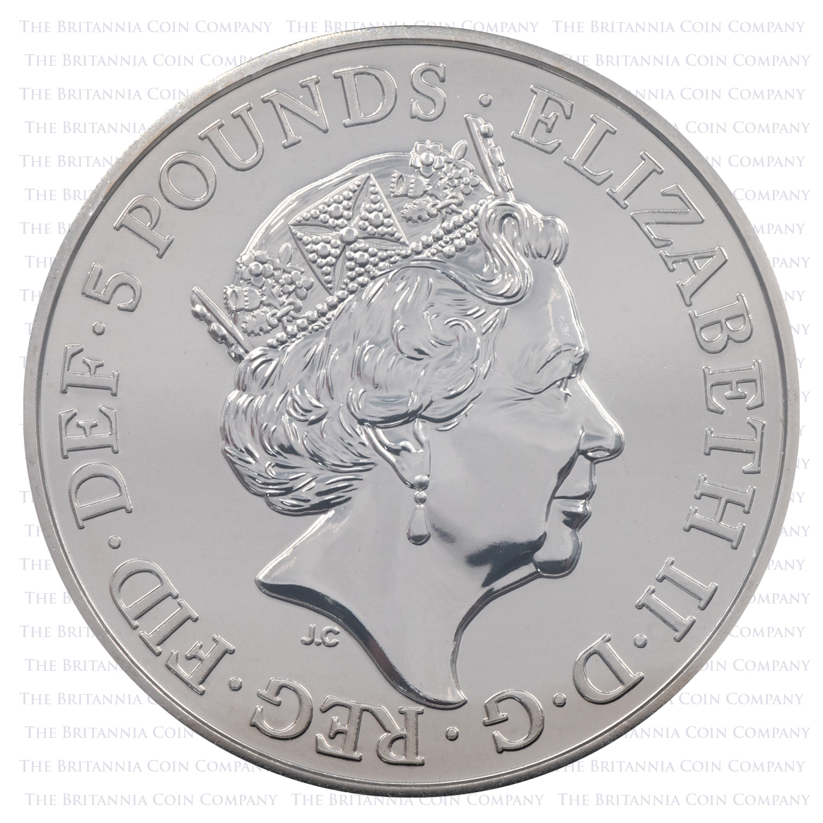 Obverse of UK17QUBU Unicorn of Scotland Five Pound Brilliant Uncirculated Queen's Beasts Coin