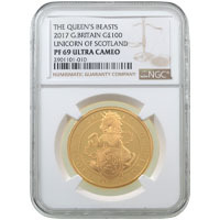 UK17QUGP 2017 Queen's Beasts Unicorn Of Scotland One Ounce Gold Proof Coin NGC Graded PF 69 Ultra Cameo Thumbnail