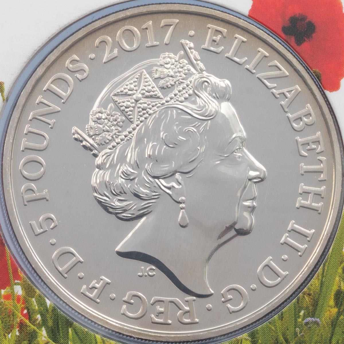 2017 Remembrance Day Five Pound Crown Brilliant Uncirculated Coin obverse effigy