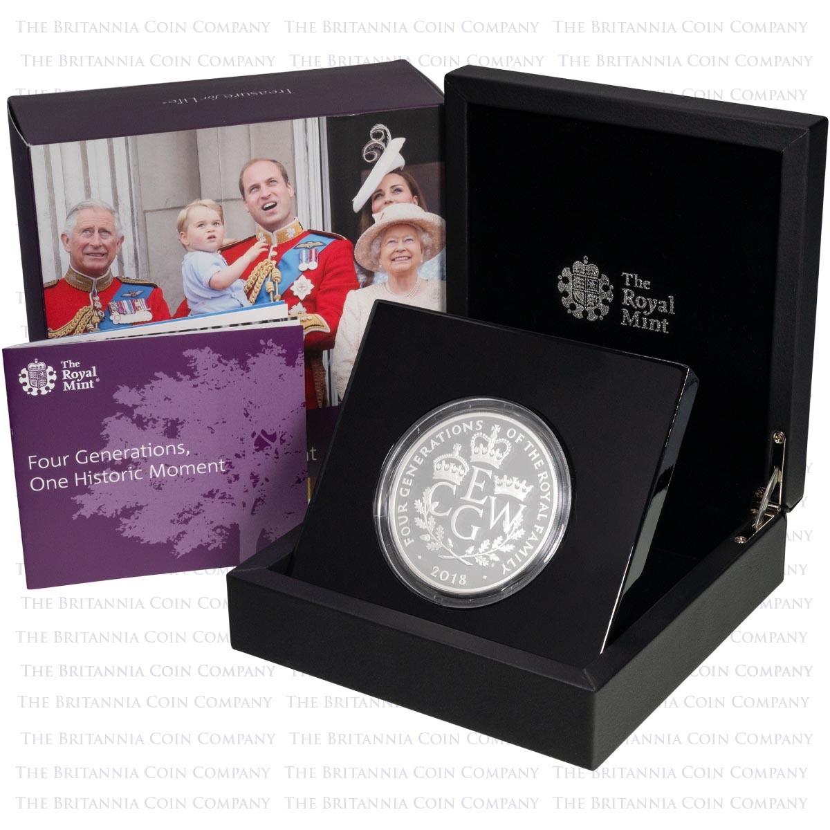 UK18FGS5 2018 Four Generations Of Royalty Five Ounce Silver Proof Coin Boxed