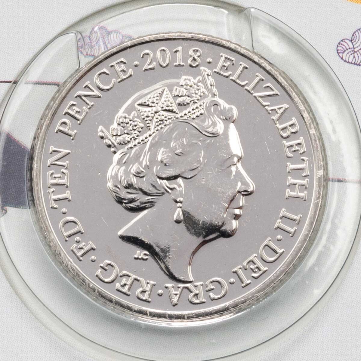 Obverse of the UK18KUNR 2018 K For King Arthur Ten Pence Great British Coin Hunt Coin 