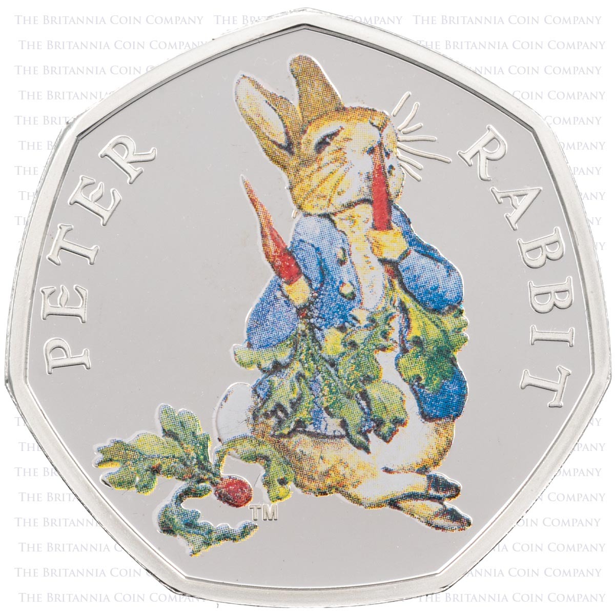 UK18PRRM 2018 Peter Rabbit Fifty Pence Coloured Silver Proof Beatrix Potter Post Office Coin reverse by Emma Noble