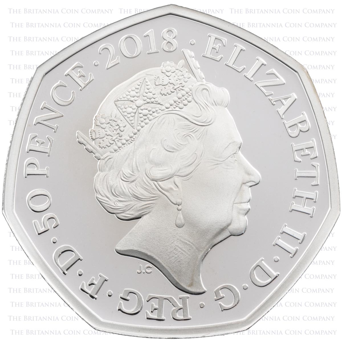 UK18PRRM 2018 Peter Rabbit Fifty Pence Coloured Silver Proof Beatrix Potter Post Office Coin obverse design