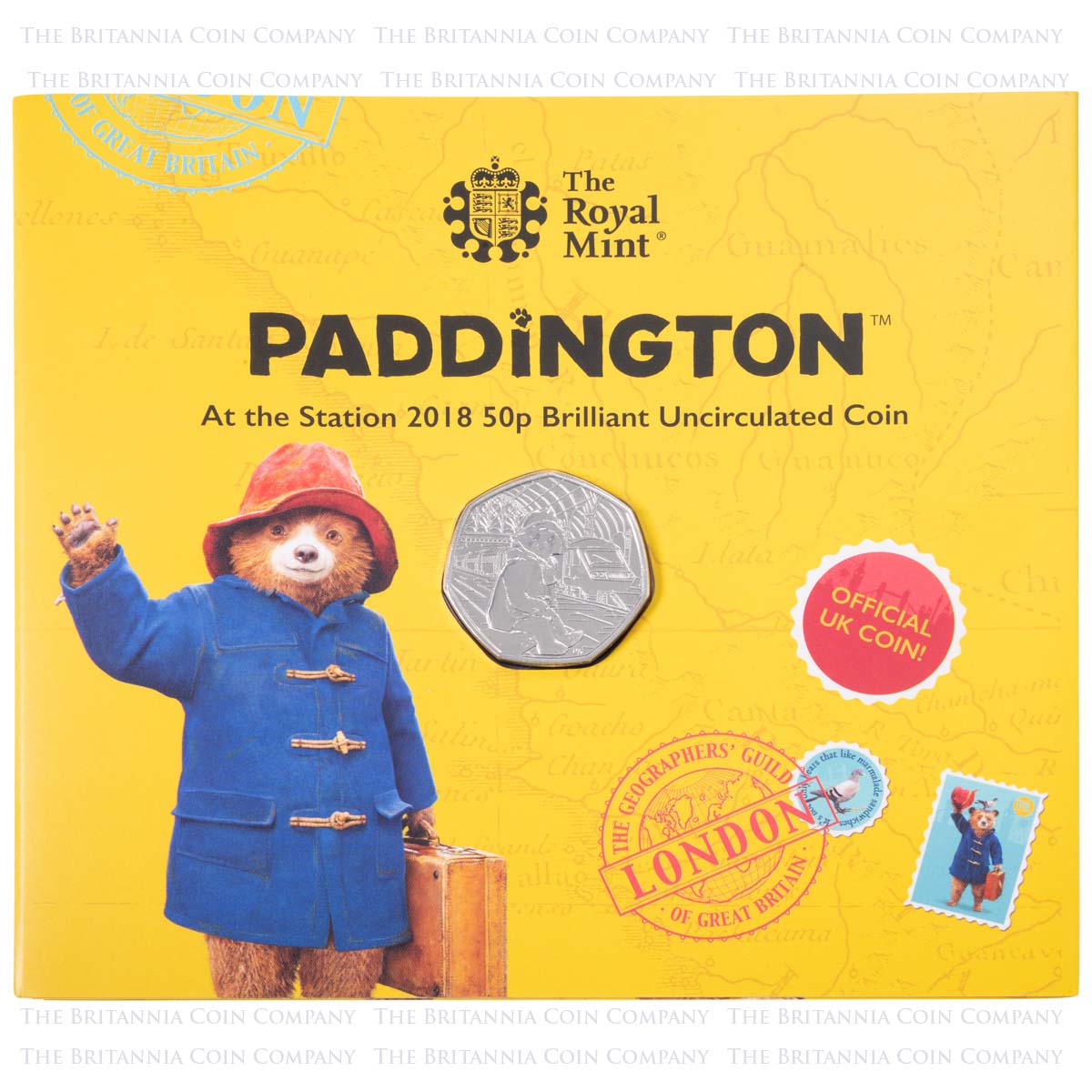 UK18P2BU 2018 Paddington Bear At The Station Fifty Pence Brilliant Uncirculated Coin In Folder Packaging