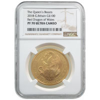 UK18QDGP 2018 Queen's Beasts Red Dragon Of Wales One Ounce Gold Proof Coin NGC Graded PF 70 Ultra Cameo Thumbnail