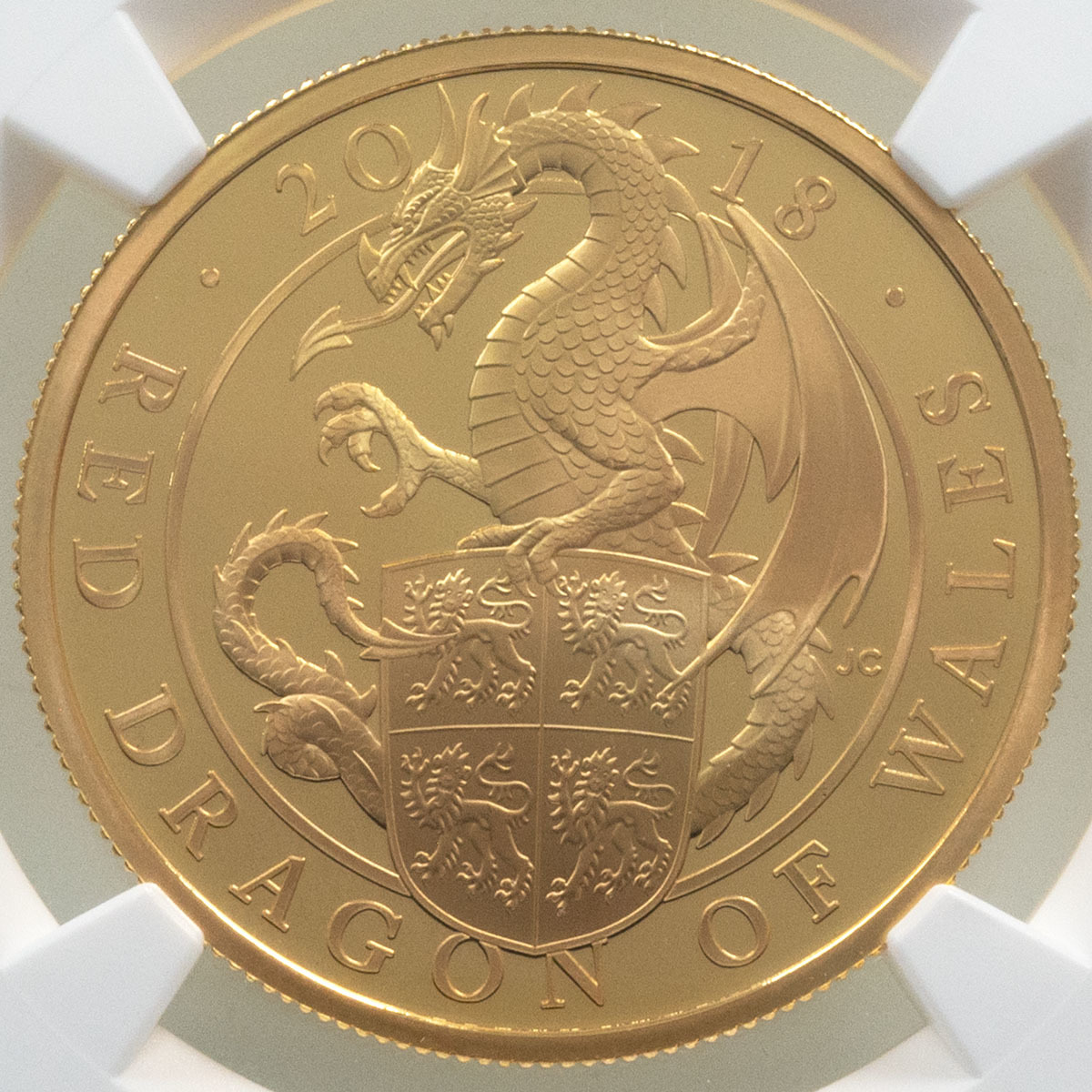 UK18QDGP 2018 Queen's Beasts Red Dragon Of Wales One Ounce Gold Proof Coin NGC Graded PF 70 Ultra Cameo Reverse