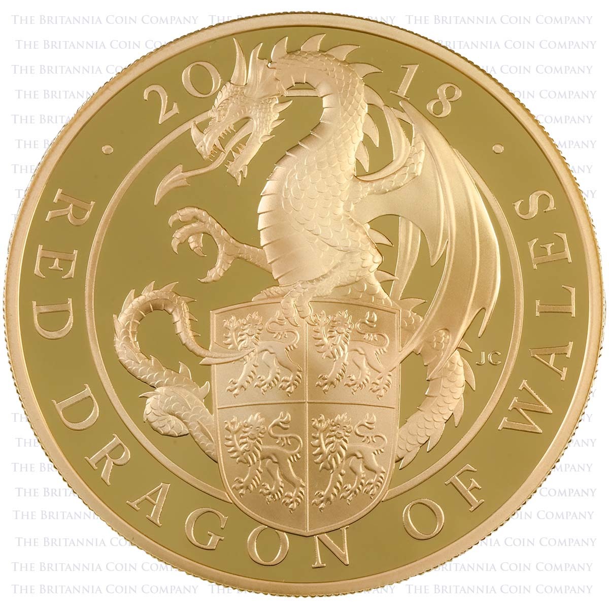 UK18QDG5 2018 Queen's Beasts Red Dragon Of Wales 5oz Gold Proof Coin Reverse